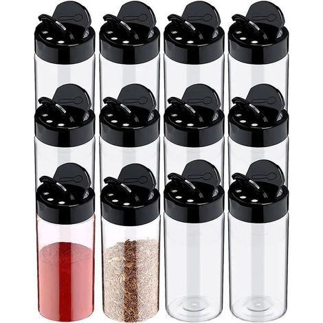 Set Mit 12 Durchsichtigen Gewürzdosen Aus Kunststoff Mit Deckel, Ideal Zur Aufbewahrung Von Gewürzpulver In Der Küche.