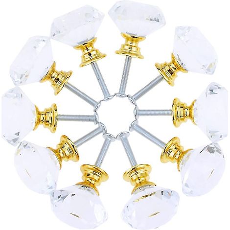 Set Aus 10 Kristall-schubladentürgriffen (30 Mm), Einlochiger Knaufgriff Mit Transparentem, Goldfarbenem, Rautenförmigem Sockel.