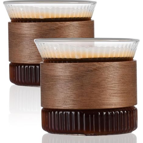 Set Aus 2 Espressotassen Mit Holzring, 122 Ml (4,3 Oz) Espressotasse Aus Borosilikatglas, Klare Espressotasse, Espressozubehör