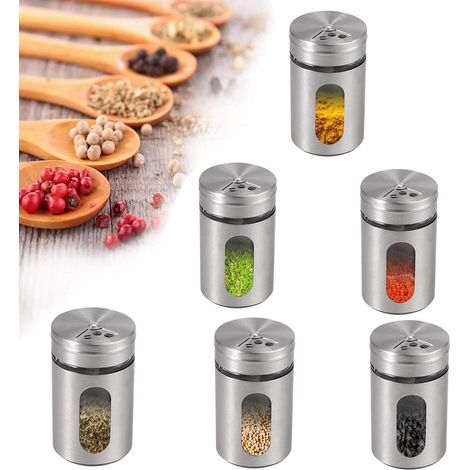 Set Aus 6 Gewürzgläsern Aus Edelstahl À 90 Ml Mit 3 Dosierern In Verschiedenen Größen Für Salz, Pfeffer Und Schwarzen Pfeffer.
