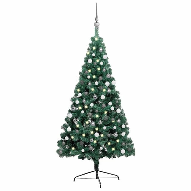vidaXL Künstlicher Halb-Weihnachtsbaum mit Beleuchtung Kugeln Grün 150 cm 3077650
