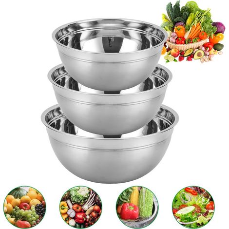 Set Aus 3 Salatschüsseln Aus Edelstahl Mit Deckel, Stapelbar Für Optimale Aufbewahrung.
