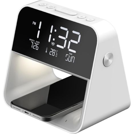 Nachttischlampe Mit Kabellosem Ladegerät Und Wecker, Digitaler Wecker, Nachtlicht Fürs Schlafzimmer, Dimmbarer Wecker, Intelligentes Kabelloses Ladegerät, Weiß (dreieckig)