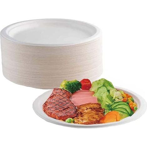 Packung Mit 100 Einwegtellern (17,8 Cm Durchmesser) Aus Biologisch Abbaubarem Papier Aus Zuckerrohr, Umweltfreundlich Und Kompostierbar.