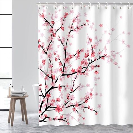 Duschvorhang Aus Stoff Mit 12 Haken, Kirschblütenmuster, Maschinenwaschbar, Weiß, 180 X 200 Cm (b X H)
