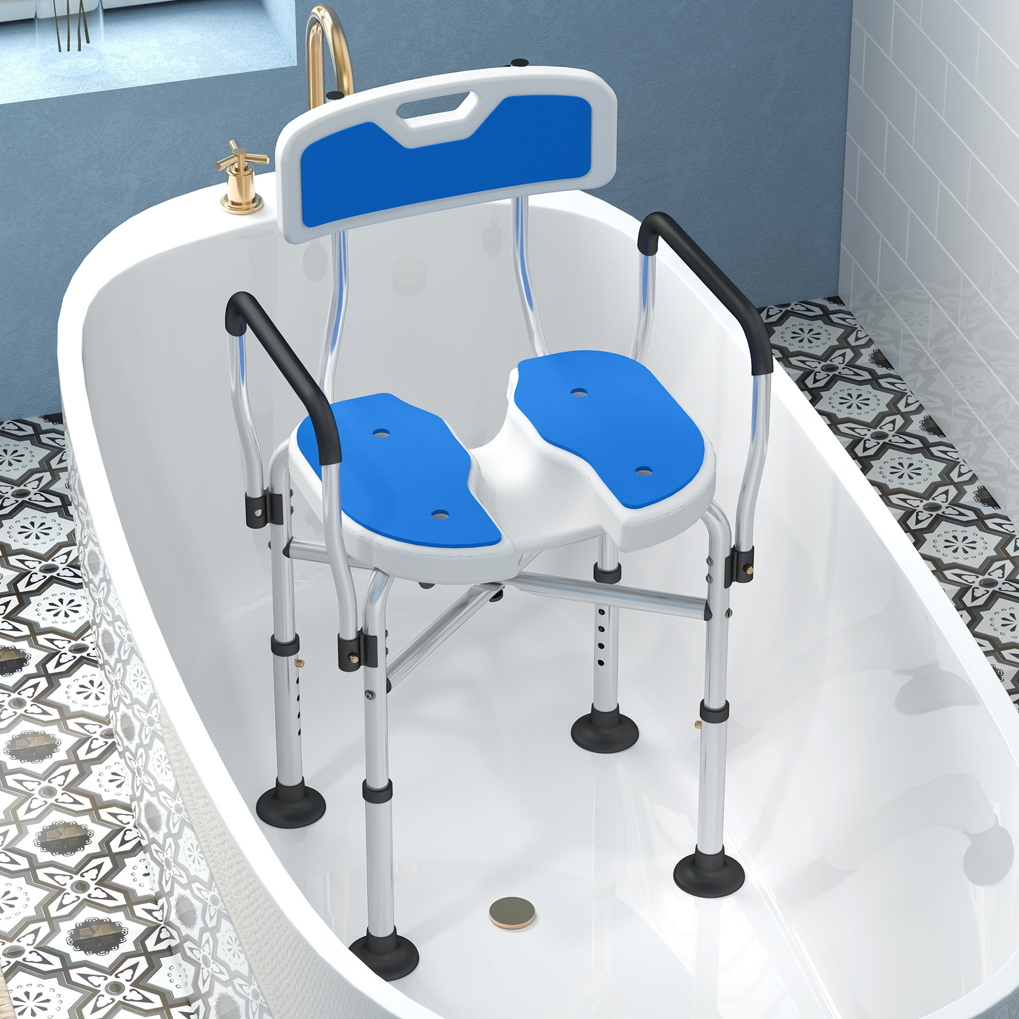 Duschstuhl Mit Rückenlehne, Armlehnen, Geriffelter Sitzfläche Und Verstärkungsstangen, Höhenverstellbarer Duschhocker Mit Wasserablauflöchern Und Rutschfesten Füßen Für Senioren Und Menschen Mit Behin