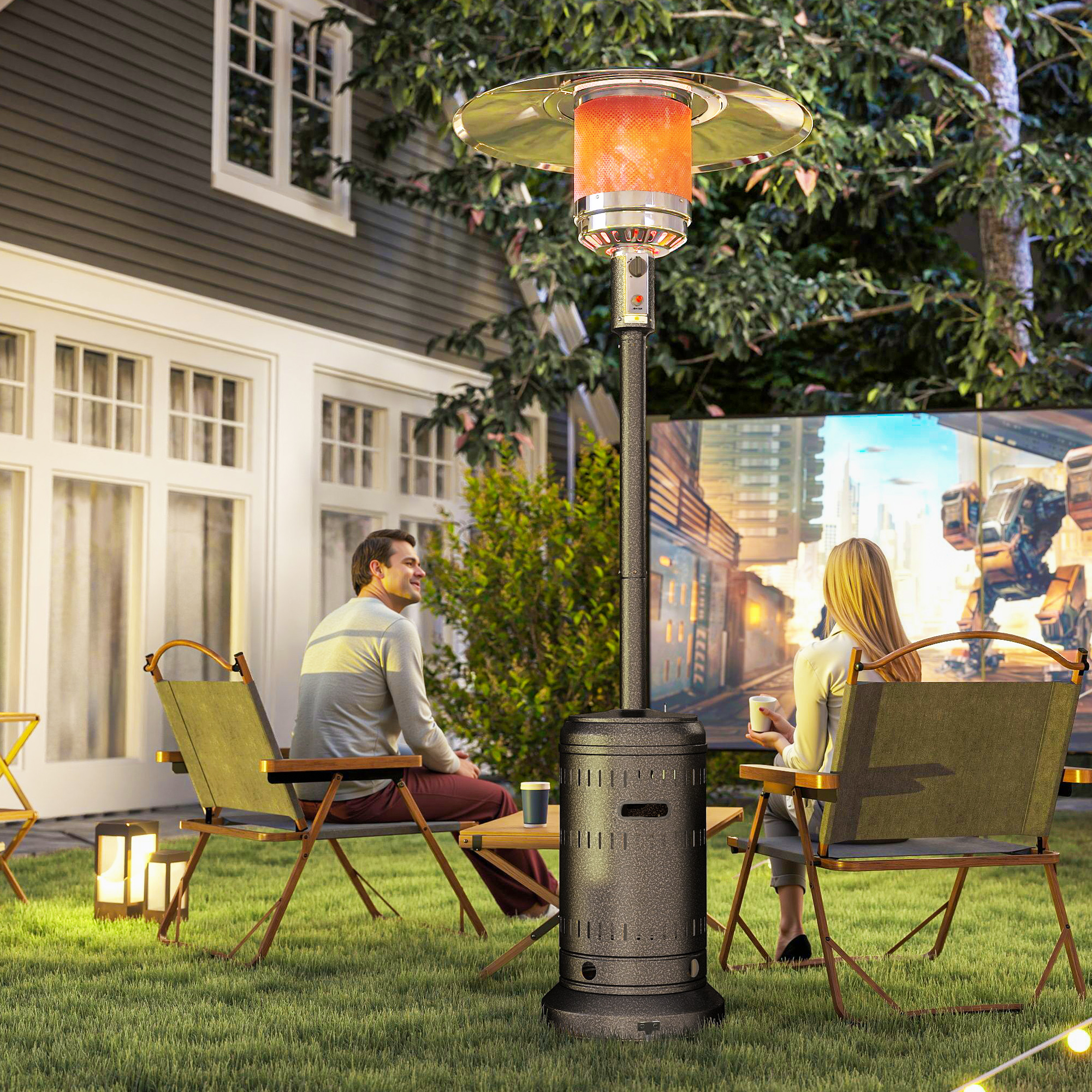 11-kw-gas-/propangasheizstrahler Für Den Außenbereich, Mit Automatischer Abschaltung Und Rollen, Tragbarer Terrassenheizstrahler Für Terrasse, Garten Und Balkon, 82 X 82 X 223 Cm, Dunkelbraun