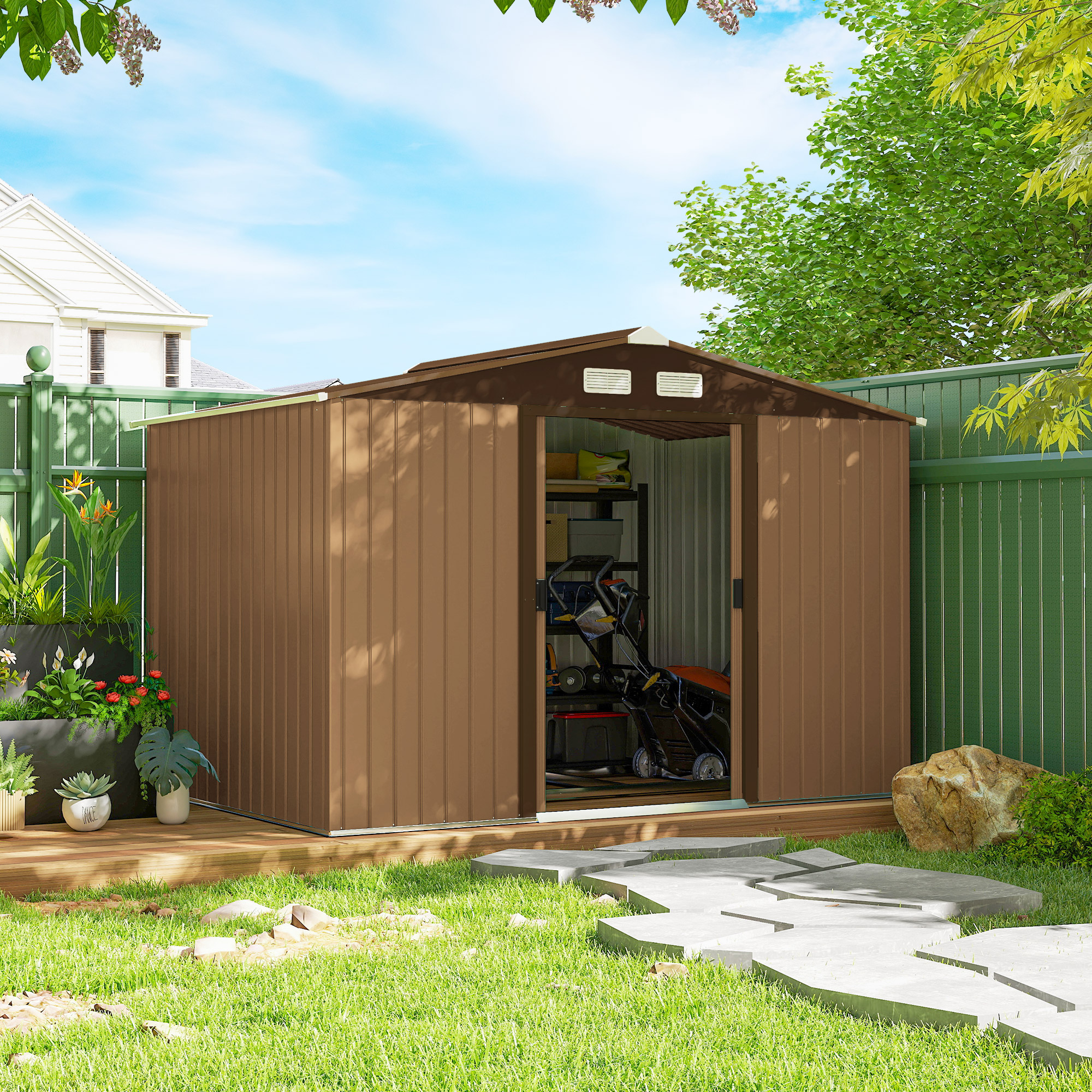 Gartenhaus 4,9 M² (277 X 195 X 192 Cm) Mit 2 Schiebetüren, Verstärktem Sockel (boden Nicht Enthalten), Gelb