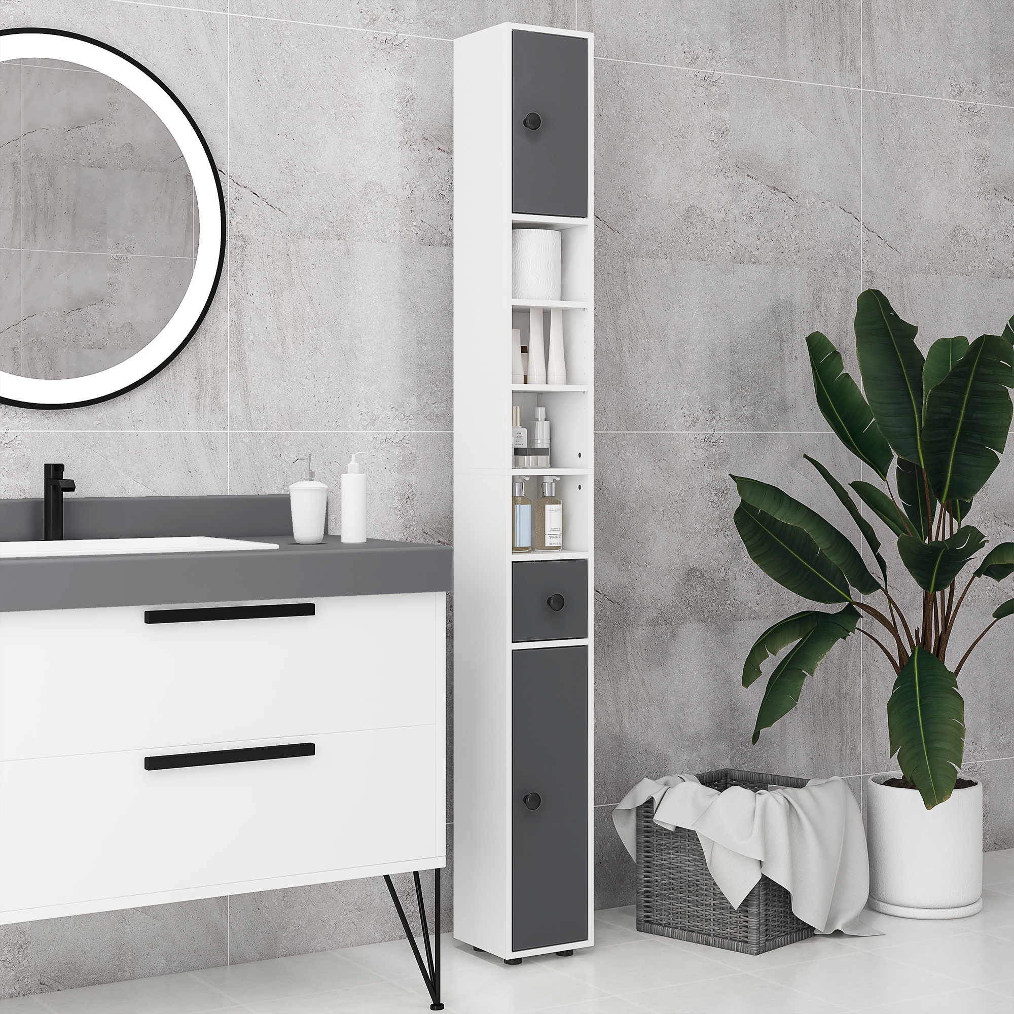 Badezimmer-kommode Mit 1 Schublade, 5 Ablagen Und 2 Türen Für Wohn- Oder Schlafzimmer, Tragkraft 30 Kg, 20 X 20 X 180 Cm, Grau