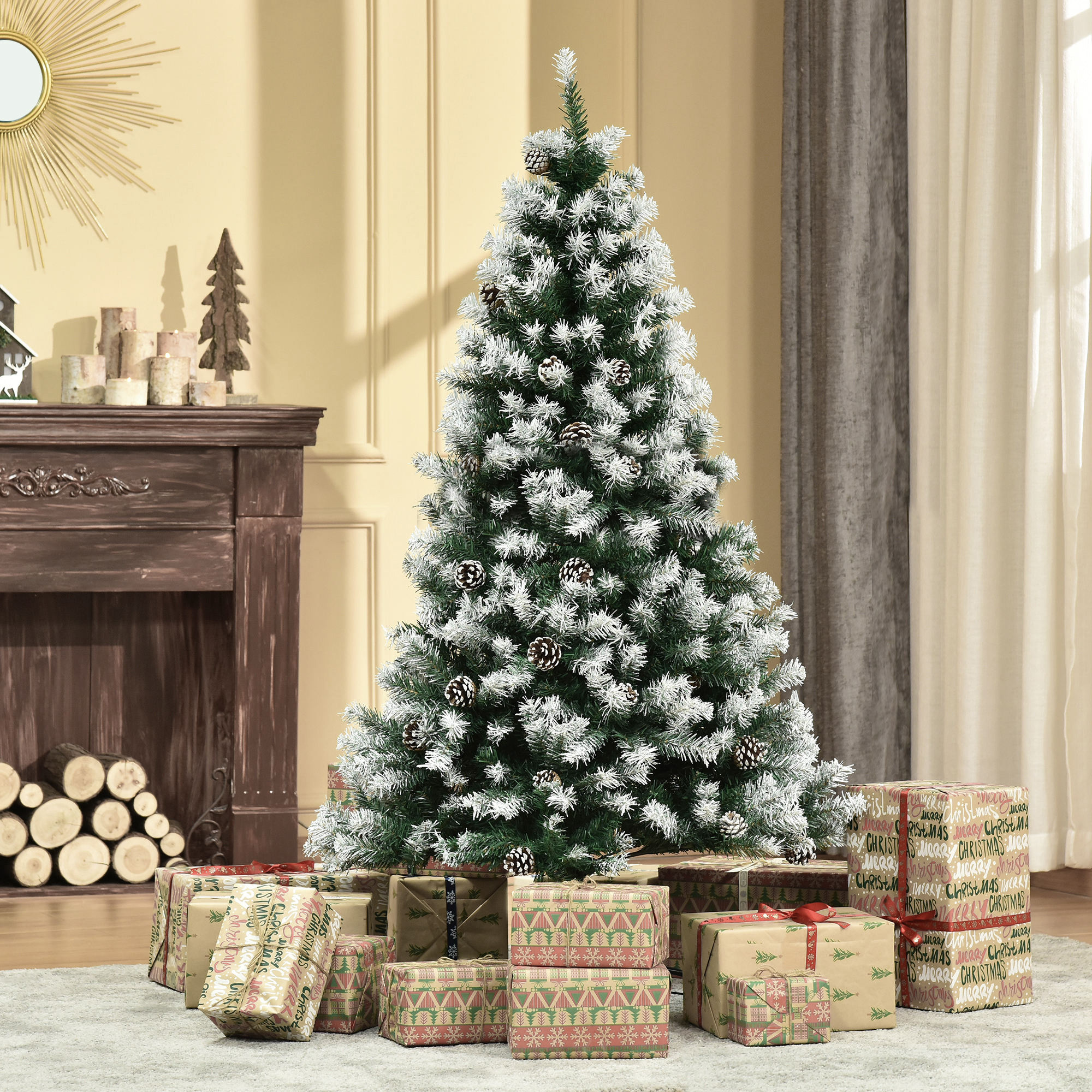 Künstlicher Weihnachtsbaum Von Homcom, 150 Cm, Mit Schnee, 676 Zweigen, 41 Tannenzapfen, Für Den Innenbereich, Grün