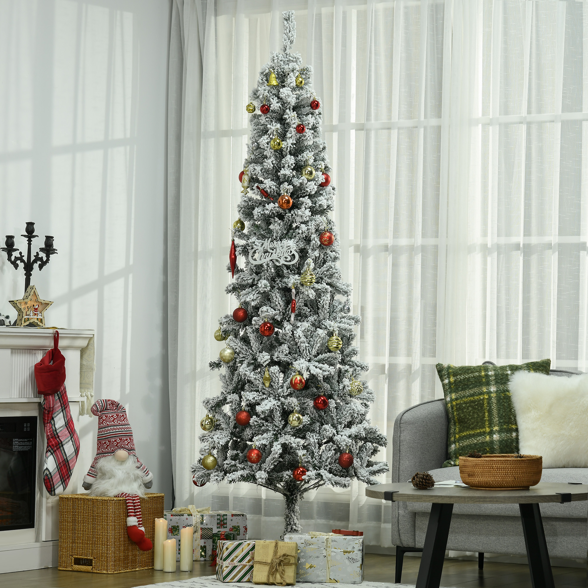 210 Cm Schlanker Künstlicher Weihnachtsbaum Mit Realistischen Zweigen, Hoher Und Schmaler, Schneebedeckter Weihnachtsbaum Mit Klappbarem Ständer, Grün