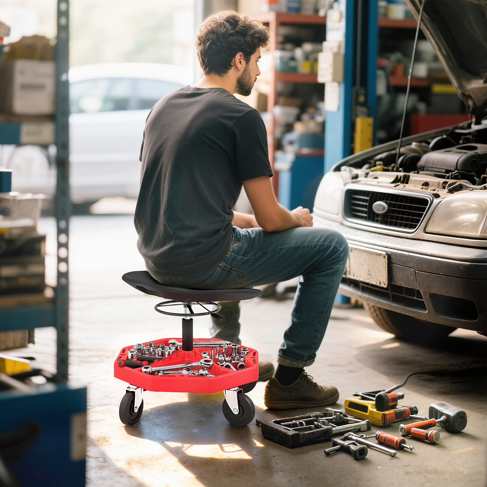 Mobiler Werkstatthocker Mit Magnetischer Ablage, Rollen, Höhenverstellbar (52–59,5 Cm), Tragkraft 135 Kg Für Die Garage, Rot