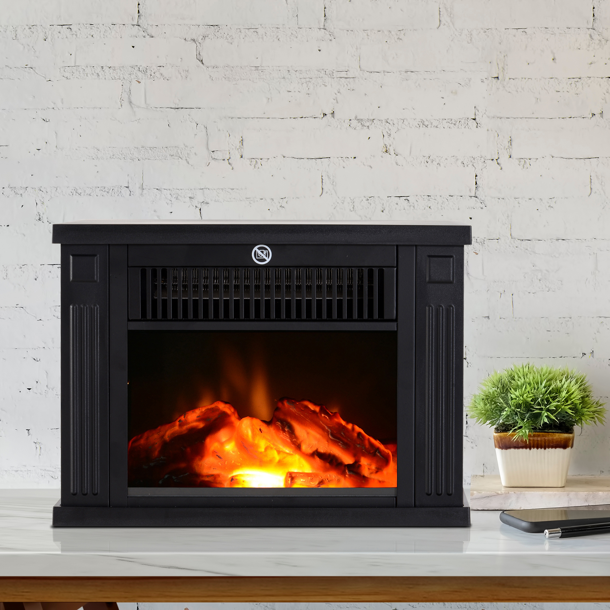 Elektrischer Tischkamin Mit Flammeneffekt, Elektrischer Standkamin Mit Einstellbarer Leistung (600/1200 W), Einstellbarer Temperatur, Geeignet Für Räume Bis 10–15 M², Schwarz