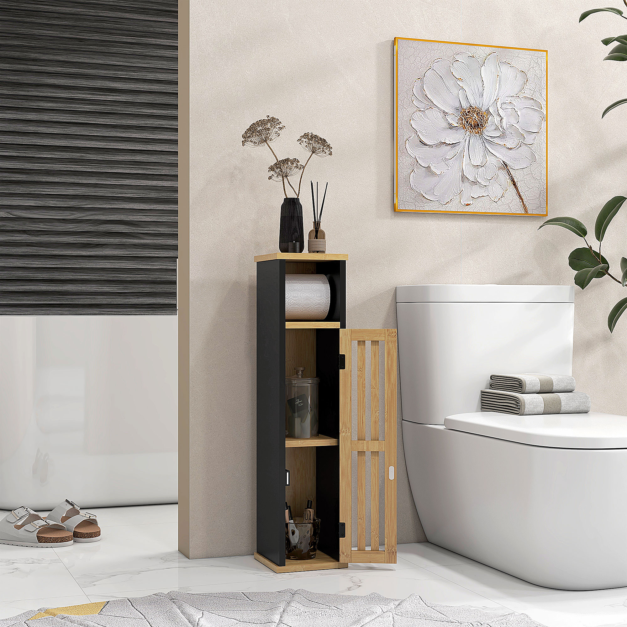 Badezimmerschrank Mit Offenem Und Verstellbarem Einlegeboden, Aufbewahrungsmöbel Aus Bambus Und Mdf, 18 X 18 X 75 Cm, Schwarz Und Holzfarben
