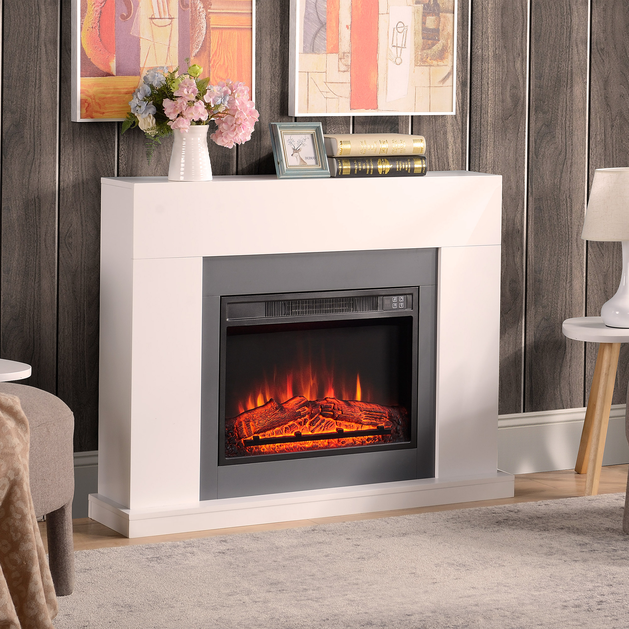 Elektrischer Kamin 1800–2000 W Mit Fernbedienung, Regulierbarer Flamme, Thermostat Und Wochentimer Für Räume Bis 37 M², Weiß