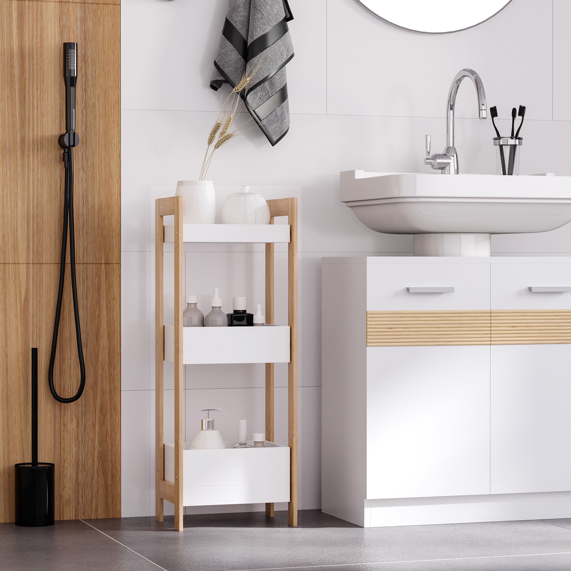 Mehrzweck-badezimmerschrank, Kompaktes 3-stöckiges Badezimmerregal Aus Mdf Und Bambus, Weiß, 27,5 X 20,8 X 74 Cm