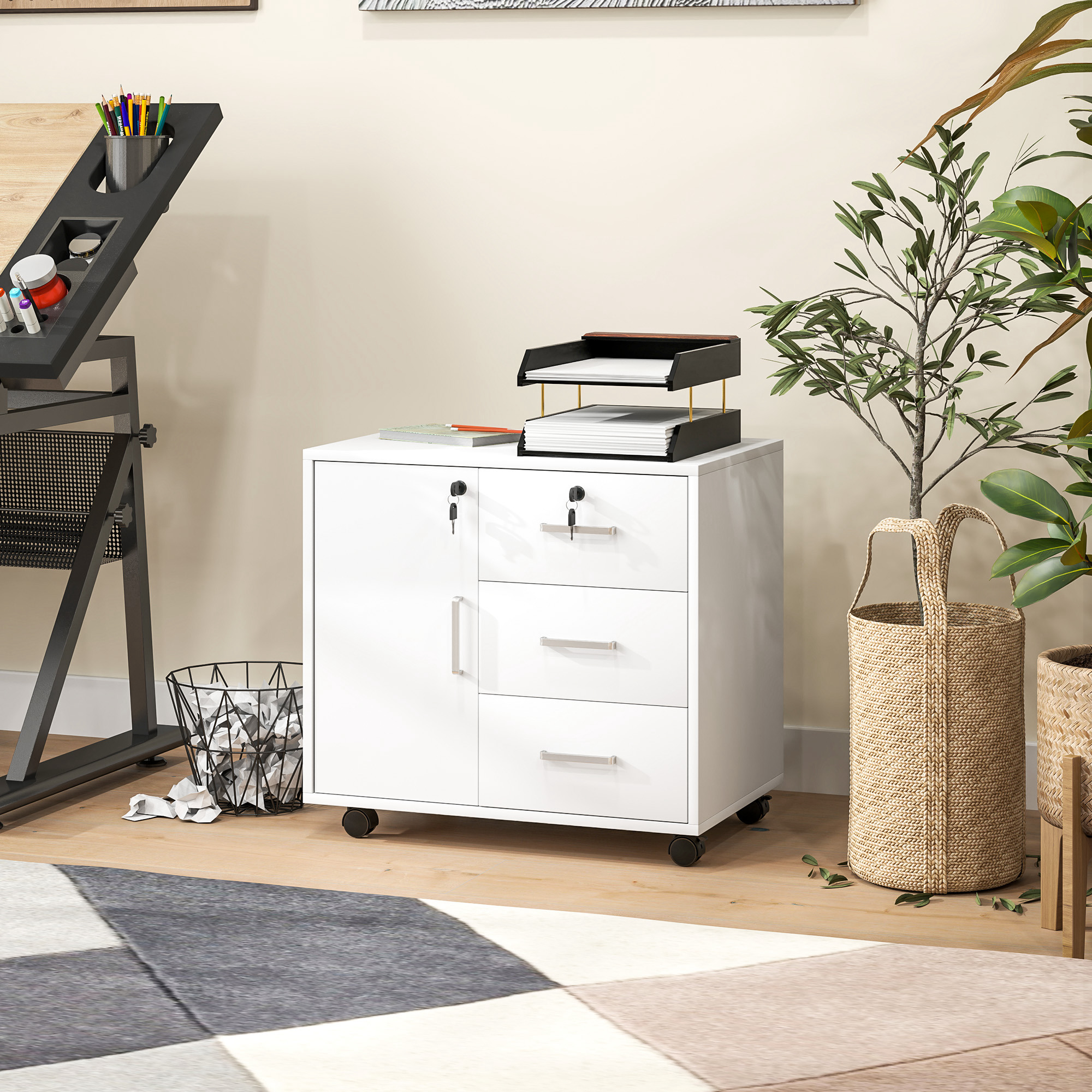 Büro-aktenschrank Mit 3 Schubladen Und 3 Verstellbaren Einlegeböden, Dokumentenaufbewahrungsschrank Aus Spanplatte, 60 X 40 X 56 Cm, Weiß