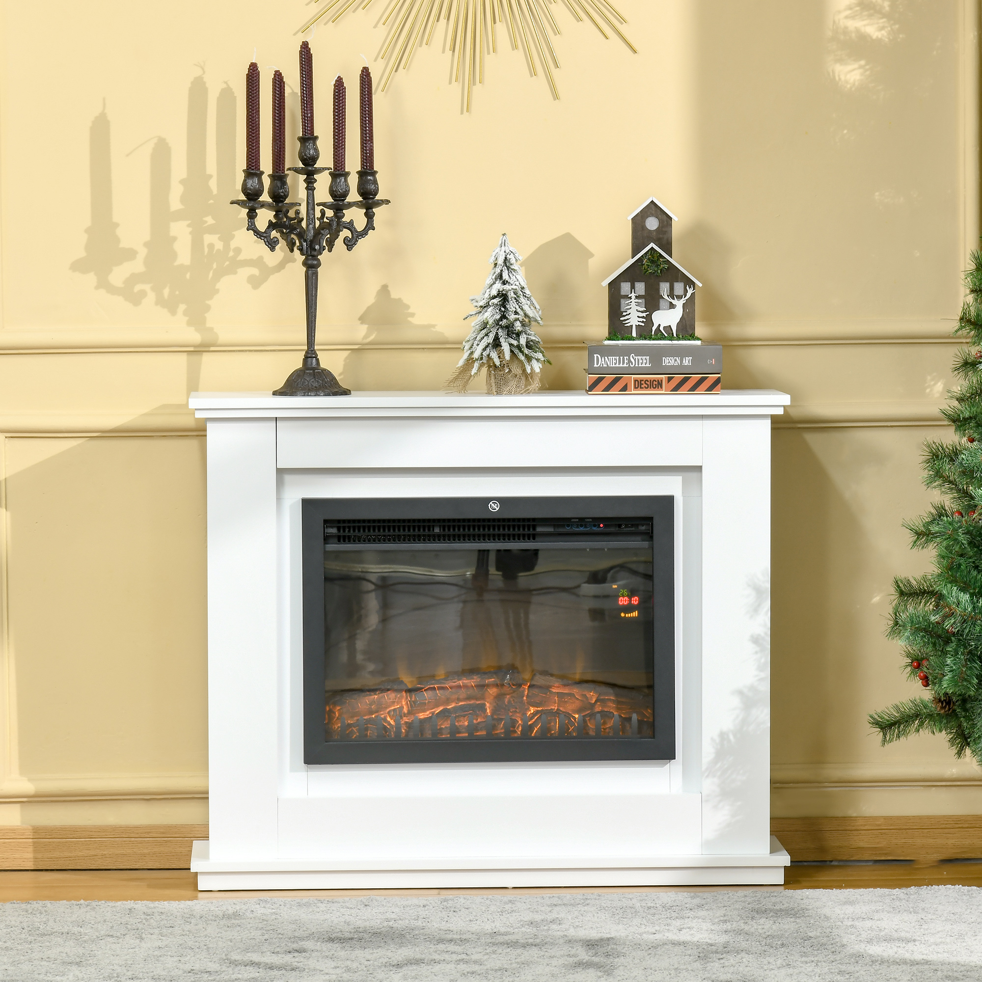 Elektrischer Kamin Mit Realistischem Flammeneffekt Und Holzrahmen, Mit Thermostat, Überhitzungsschutz, Timer Und Fernbedienung, 1000 W Und 2000 W, 98 X 27,5 X 80 Cm, Weiß