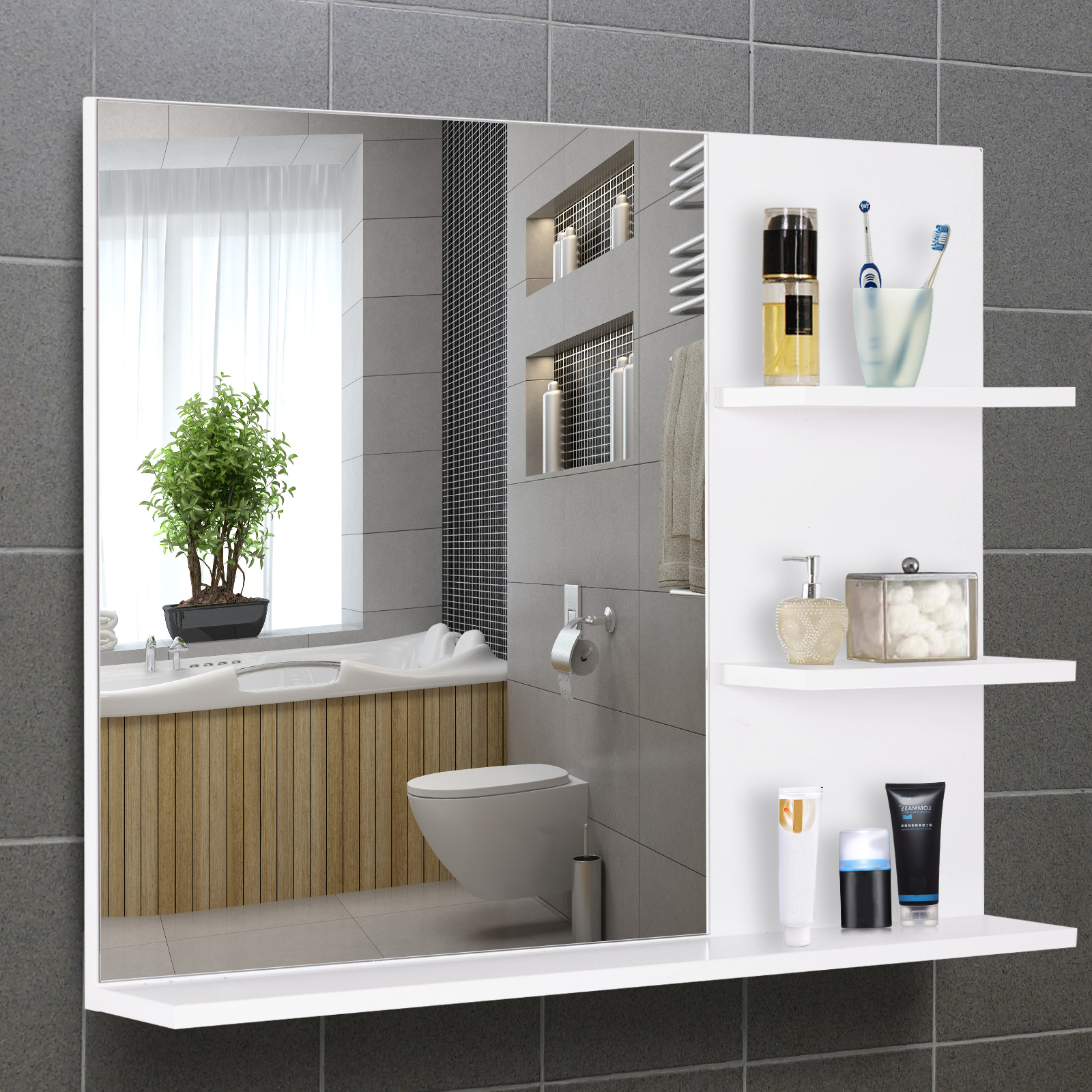 Badezimmer-wandschrank 60 X 10 X 48 Cm, Mit Spiegel Und 3 Regalböden, Weißer Mdf-wandschrank