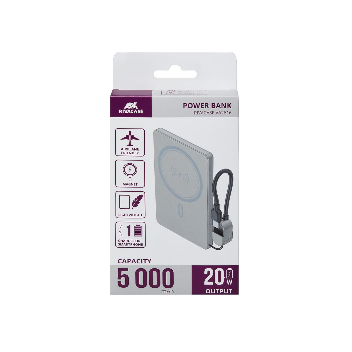 Rivacase Va2616 Powerbank 5000 Mah Magsafe Wireless 15w Qc/pd 20w Mit Kabelring