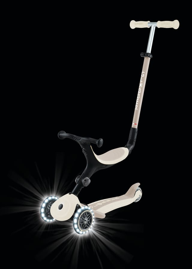 Globber Go-Up Active Lights 3 in 1 Dreirad Laufrad und Scooter 120/80 mm 3-Rädrig Höhenverstellbar Kokos Weiß