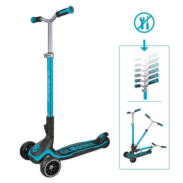 Globber Ultimum Tretroller Kinder Erwachsene 125/90 mm Extra Breit ABEC 9 3-Rädrig Höhenverstellbar Blau