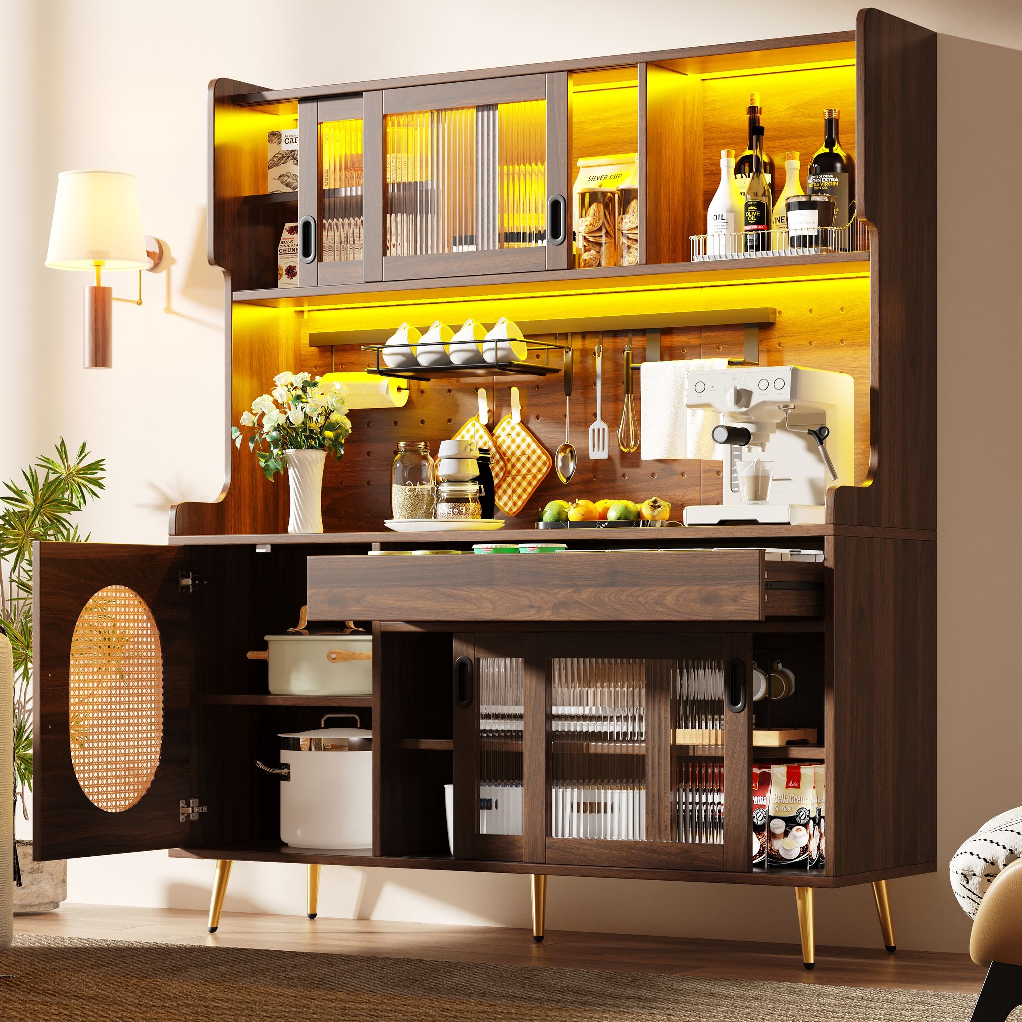 Küchenbuffet Mit 5 Türen, Schubladen, Led-leiste Und Lochplatte, Für Küche, Mdf, 145 X 39 X 171 Cm