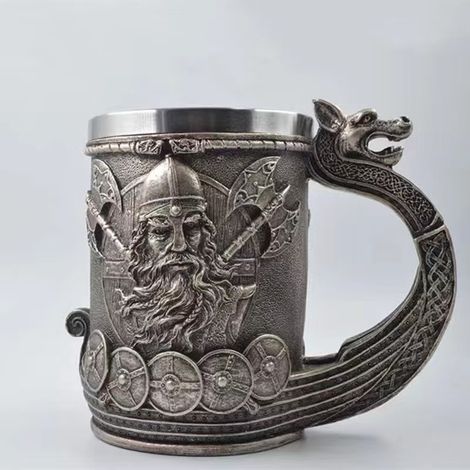 Bierkrug Im Nordischen Wikingerkrieger-stil, Mit Edelstahl Ausgekleidet, Sammlerstück Aus Dem Nordischen Raum