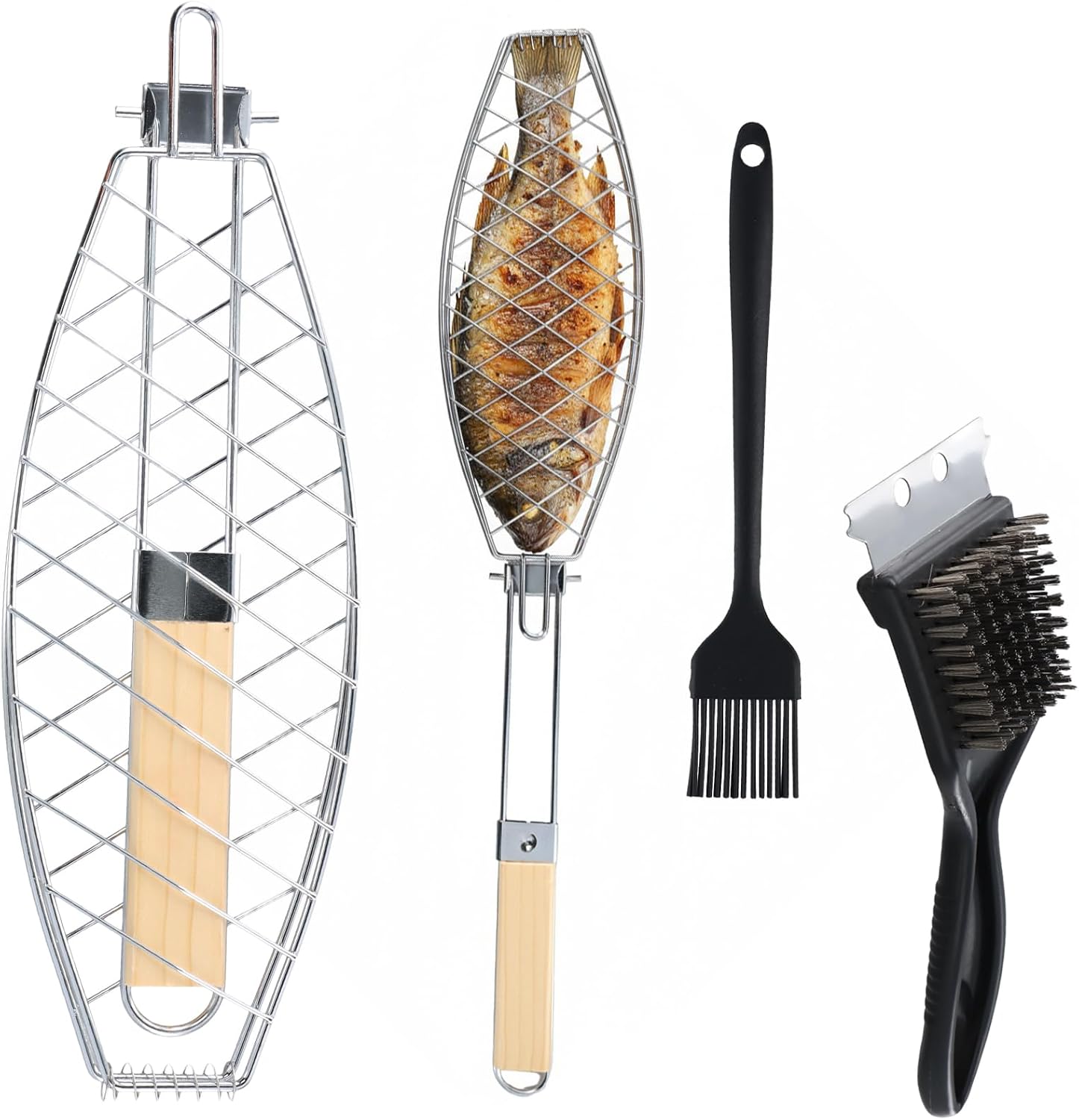 Fischgrill, 35,5 X 12 Cm, Abnehmbarer Und Klappbarer Griff, Antihaftbeschichtetes Grillgitter, Grillkorb Aus Edelstahl Mit Ölpinsel Und Reinigungsbürste, Für Gemüse, Garnelen, Steaks Und Fleisch