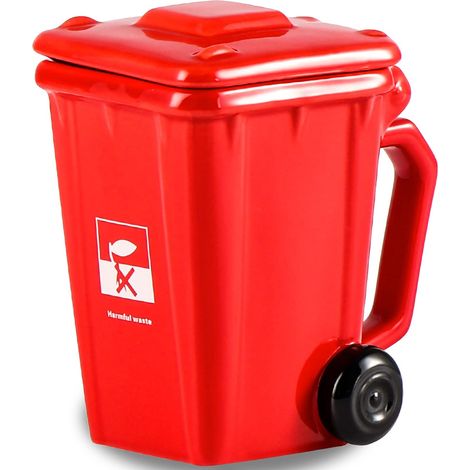 Kreativer, Mülleimerförmiger Becher, Witziger Keramikbecher Mit Deckel Fürs Büro, Origineller 3d-kaffeebecher, Lustiges Geschenk Für Verwandte Und Freunde, 400 Ml (rot)