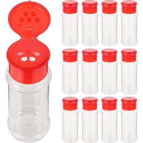 Set Mit 12 Roten Kunststoff-gewürzgläsern Für Salz, Pfeffer Und Grillgerichte Sowie Andere Würzmittel.