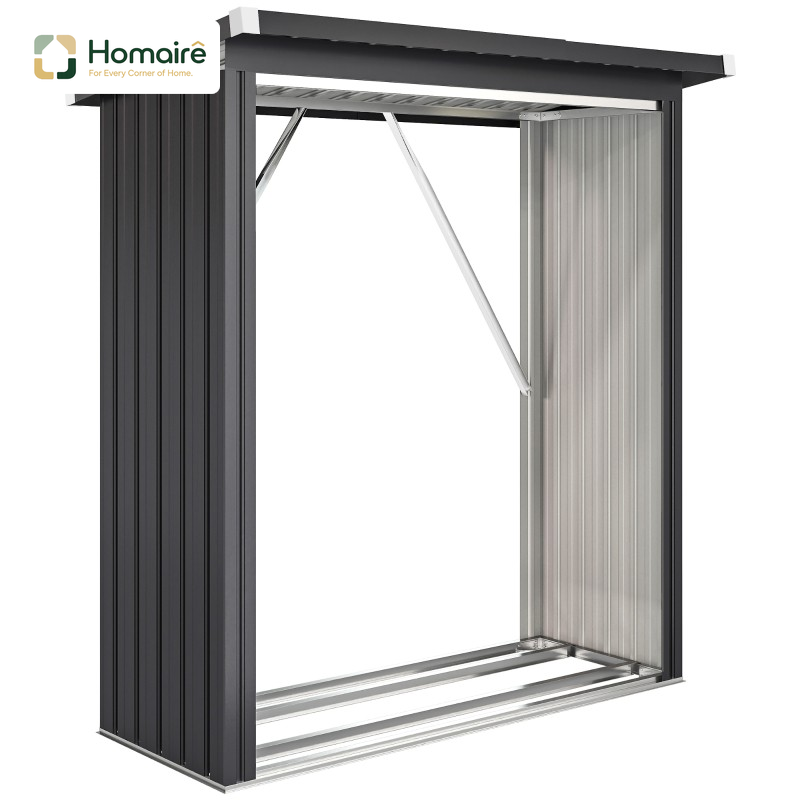 Homaire Brennholzschuppen En Acier Avec Sol Élevé Et Toit Incliné, Couleur Gris Foncé