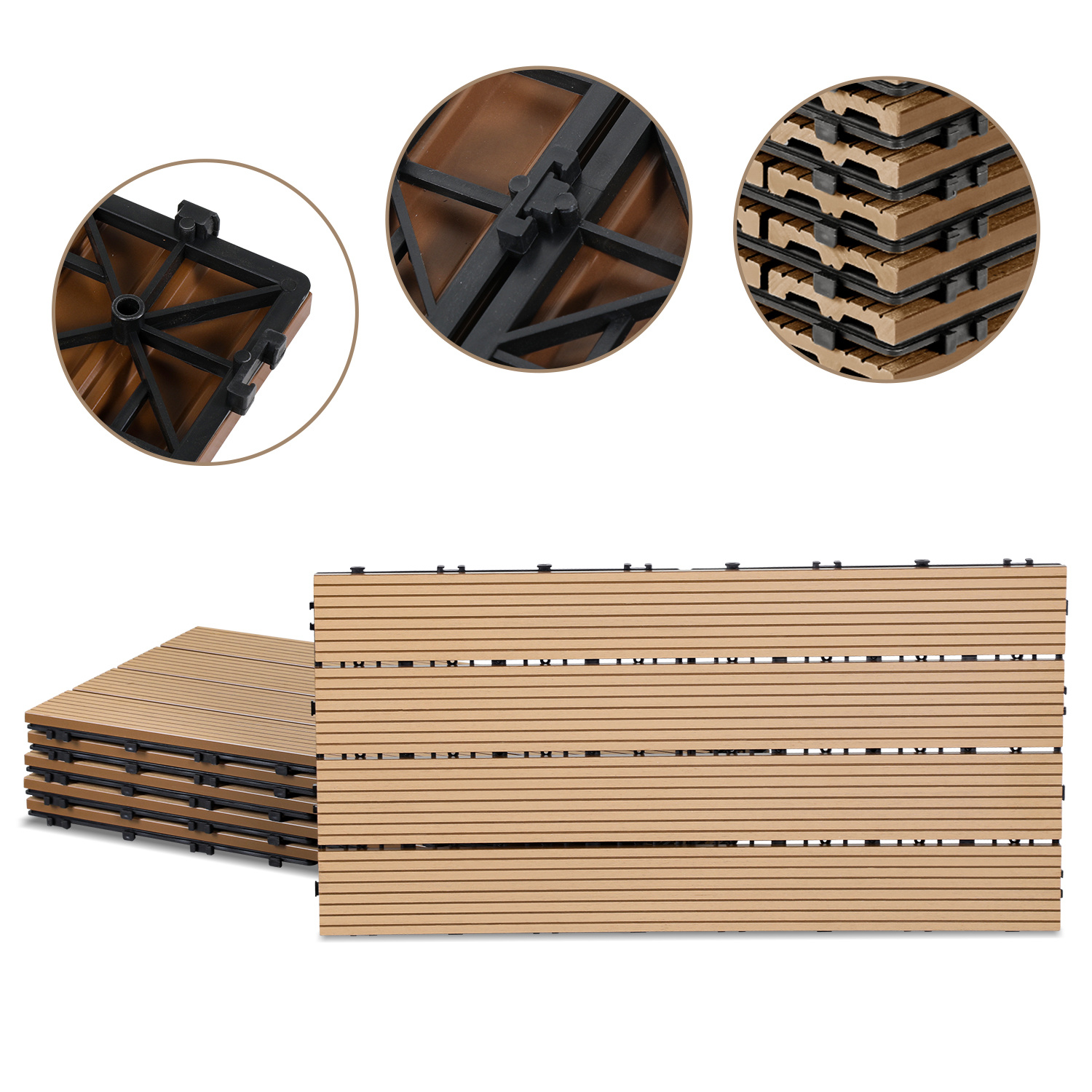 Jiubiaz 36er Set Wpc Terrassenfliesen Für Garten, 4 Lamellen, 30 × 60 Cm, Klicksystem, Holz-kunststoff-verbund In Teakoptik