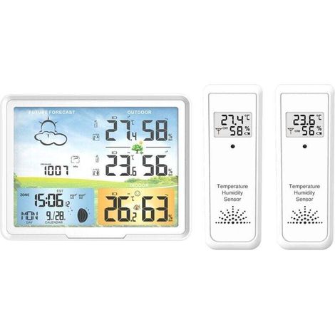 Funkwetterstation Mit 2 Außensensoren, Innen- Und Außenwecker, Drahtloser Temperatur- Und Feuchtigkeits-wetterstation Mit Farbdisplay Für Das Wohnzimmer