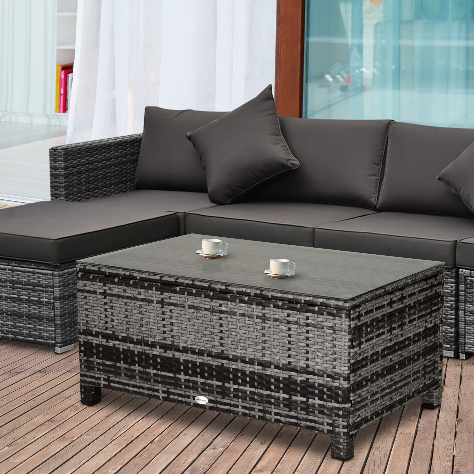Beistelltisch Aus Synthetischem Rattan Mit Gehärteter Glasplatte Für Terrasse, Balkon Oder Patio, 85 X 50 X 39 Cm, Grau