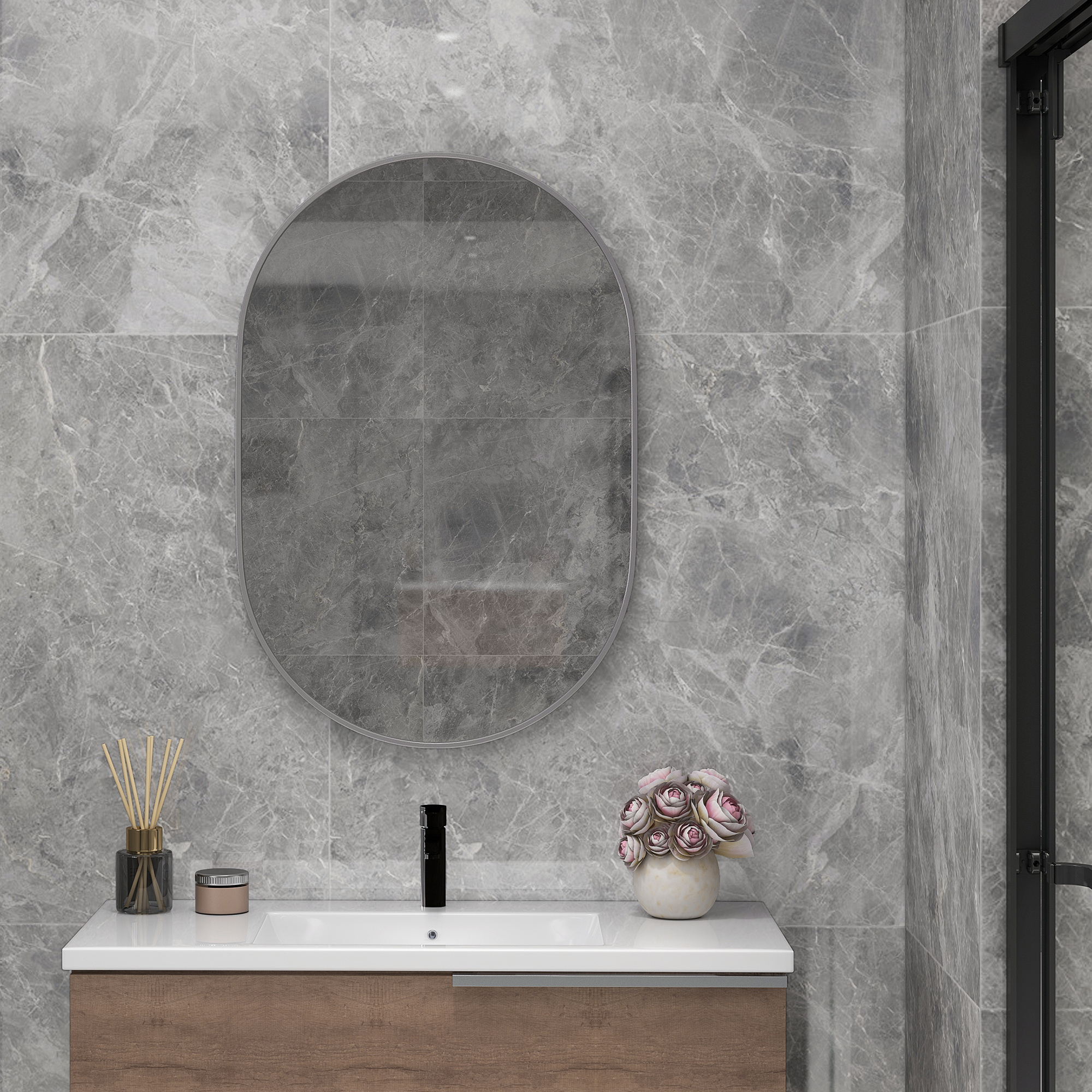 Ovaler Wand-badezimmerspiegel Mit Aluminiumrahmen, Vertikal Oder Horizontal, 60 X 90 Cm, Silber