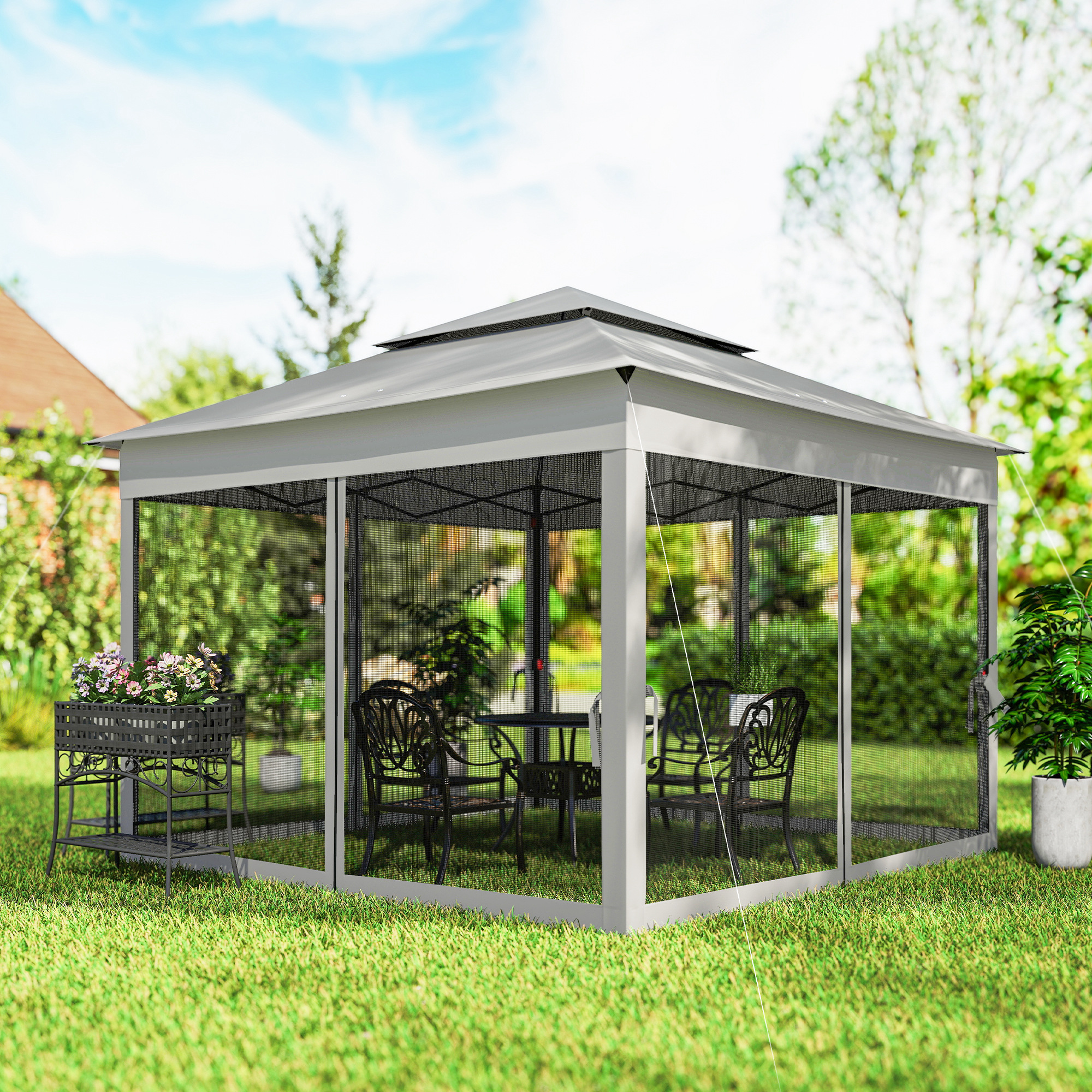 Faltpavillon 3,3 X 3,3 M Mit 4 Uv-beständigen Netzseitenwänden Und Tragetasche, Hellgrau