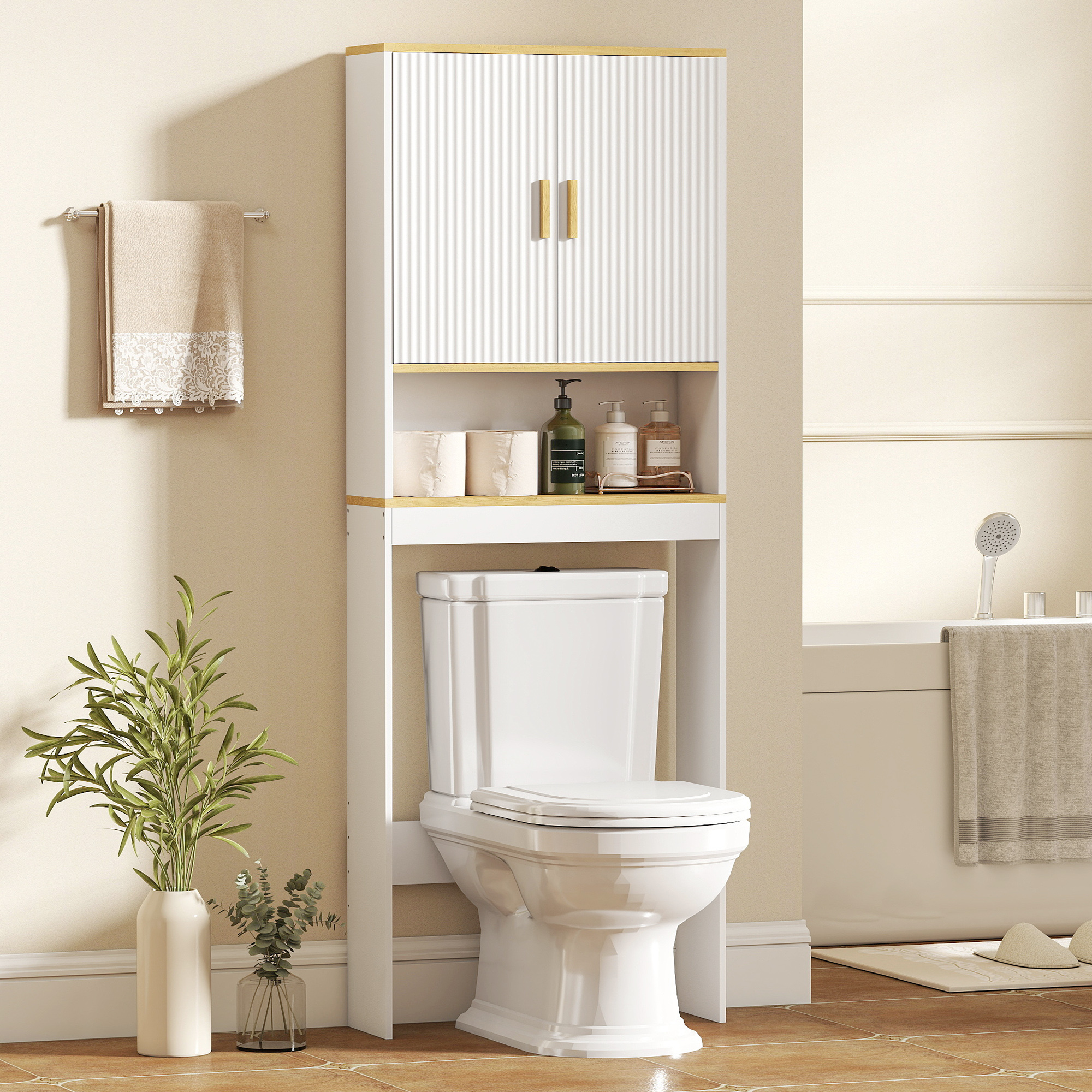 3-stöckiges Badezimmerregal Zur Montage Über Der Toilette Mit Offenem Fach, 2 Türen Und Verstellbarem Einlegeboden, 64 X 20 X 170,5 Cm, Weiß
