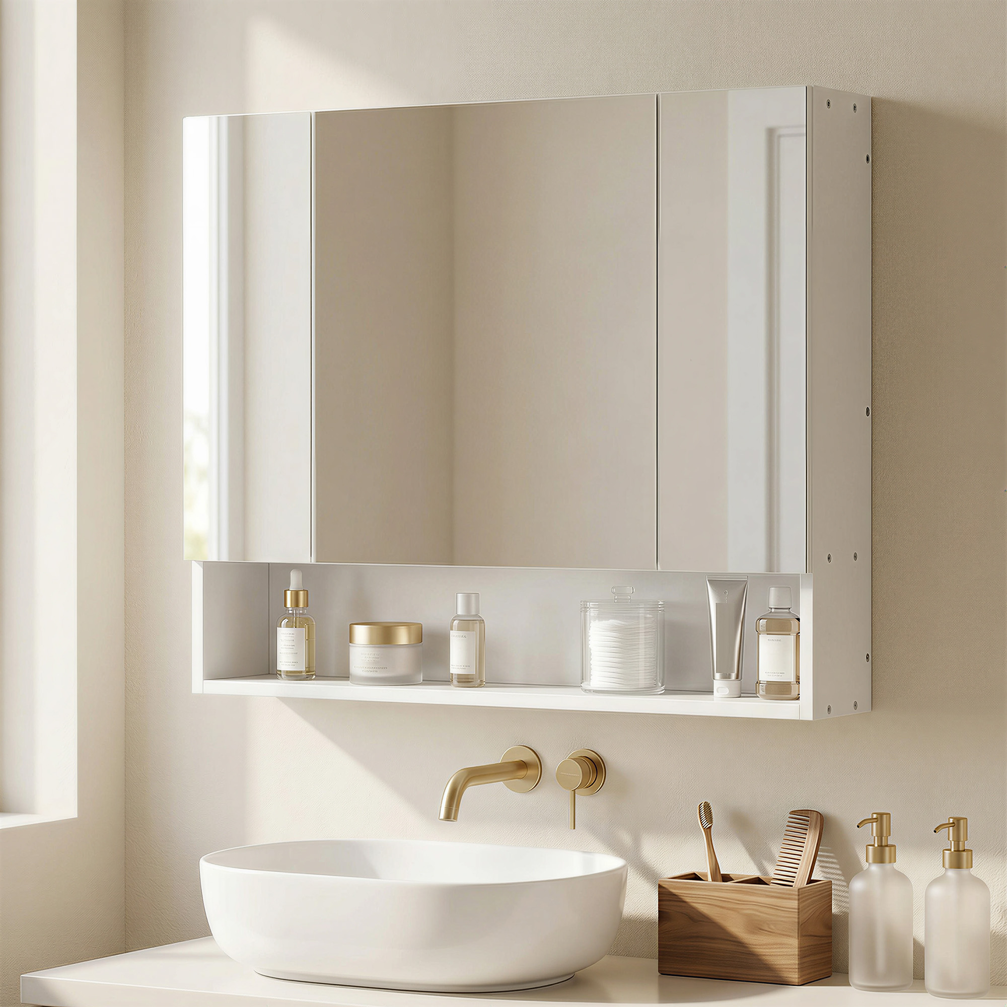 Badezimmerspiegel Mit 3-türigem Schrank Mit Soft-close-funktion Und Verstellbaren Einlegeböden, 90 X 15 X 75 Cm, Weiß
