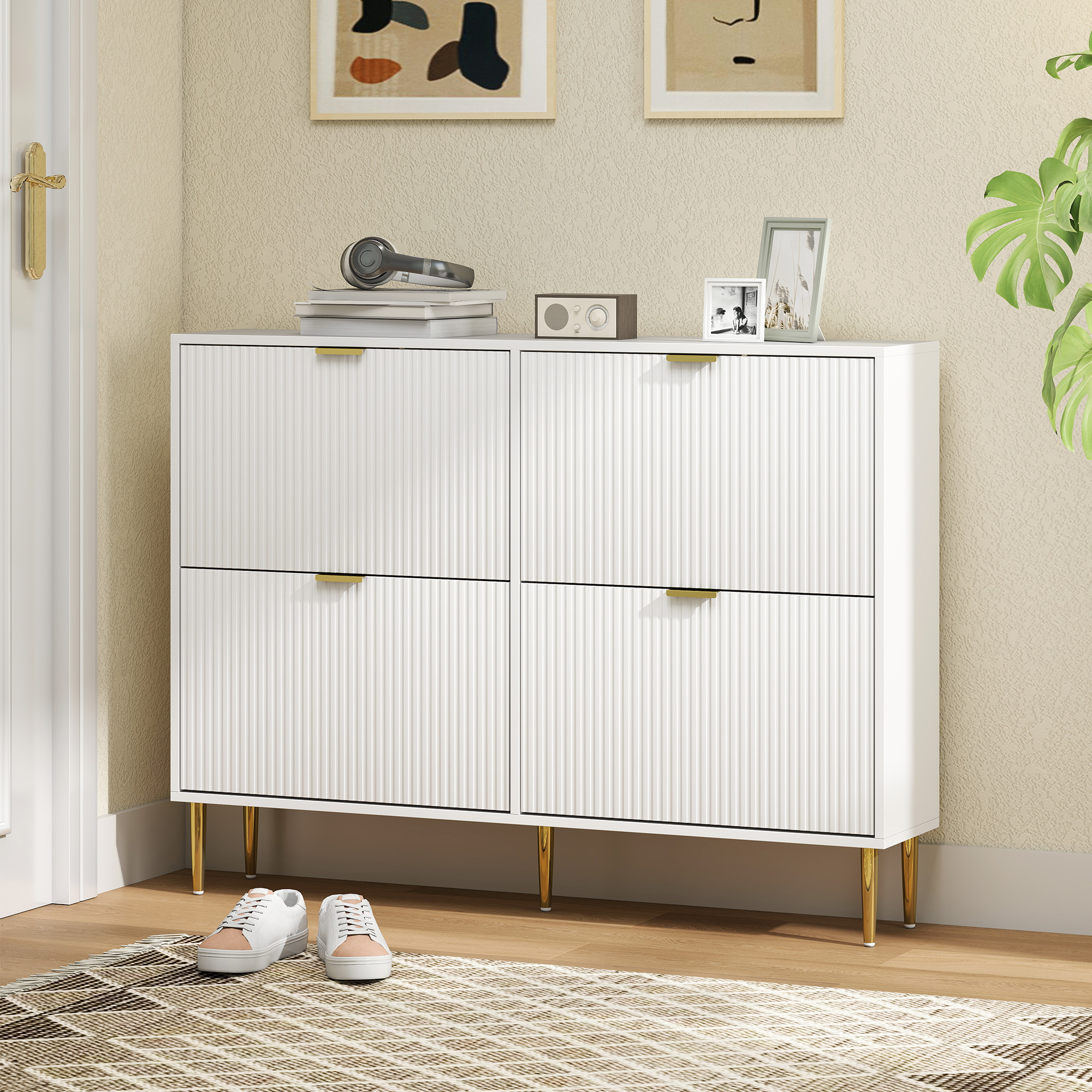 Schmale Schuhablage Für 20 Paar Schuhe Mit 4 Schubladen Mit Klappdeckel Und Verstellbaren Regalböden, 105 X 24 X 91,5 Cm, Weiß