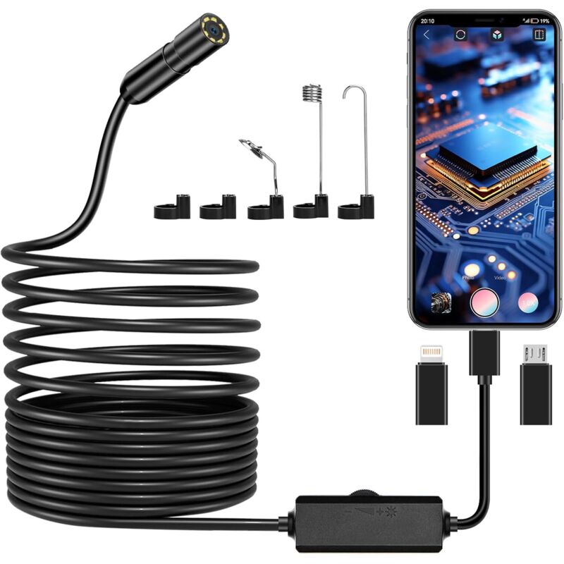 1920p Hd-inspektionskamera – Ip67 Wasserdicht – 5 M Langes, Halbstarres Kabel Mit 8 Einstellbaren Leds – Kompatibel Mit Android Und Ios