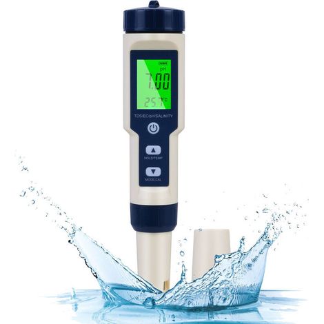 Elektronisches 5-in-1-ph-meter Zur Messung Von Ph-wert, Tds, Ec-wert, Temperatur Und Salzgehalt. Hintergrundbeleuchtetes Lcd-display. Wasserdicht Gemäß Ip67 Für Aquarien Und Pools.
