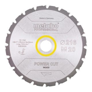 Metabo Sägeblatt "power cut wood - professional", 216x2,4/1,8x30, Z20 WZ 5° neg.