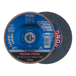 PFERD TOOLS POLIFAN STRONG Fächerscheibe PFC 180x22,23 mm konisch Z36 Speziallinie SGP STEEL für Stahl