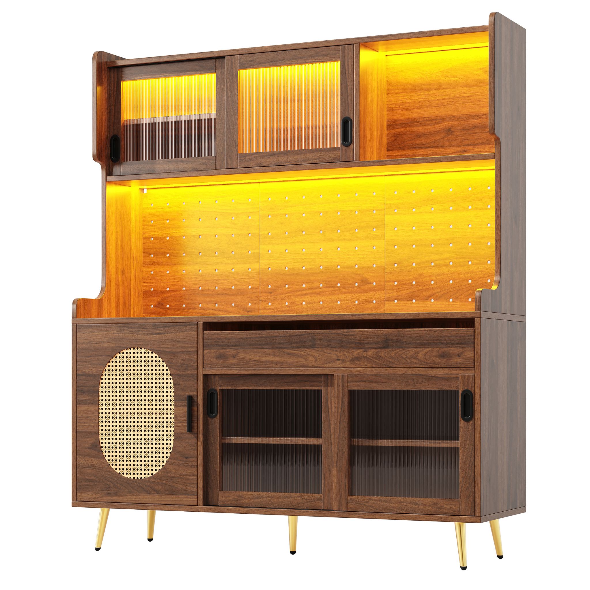 Elvmi Küchenschrank Mit 5 Türen, Led Und Lochwand, Für Küche, Aus Mdf, 145 X 39 X 171 Cm, Braun