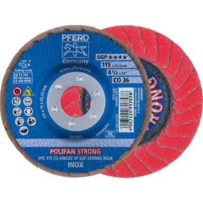 PFERD TOOLS POLIFAN STRONG Fächerscheibe PFC 115x22,23 mm konisch CO-FREEZE 36 SGP INOX für Edelstahl