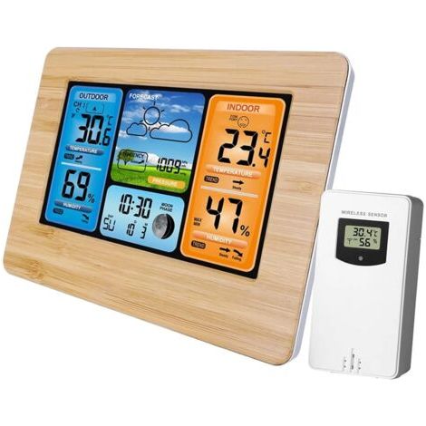 Drahtlose Digitale Wetterstation Mit Außensensor, Innen- Und Außenthermometer Mit Zeitanzeige, Temperaturanzeige, Luftfeuchtigkeitsanzeige, Barometer Und Wecker (wood Updates)