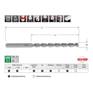 RUKO Spiralbohrer DIN 340 TL 3000 HSSE Co 5 D 10,5 mm L 184 mm