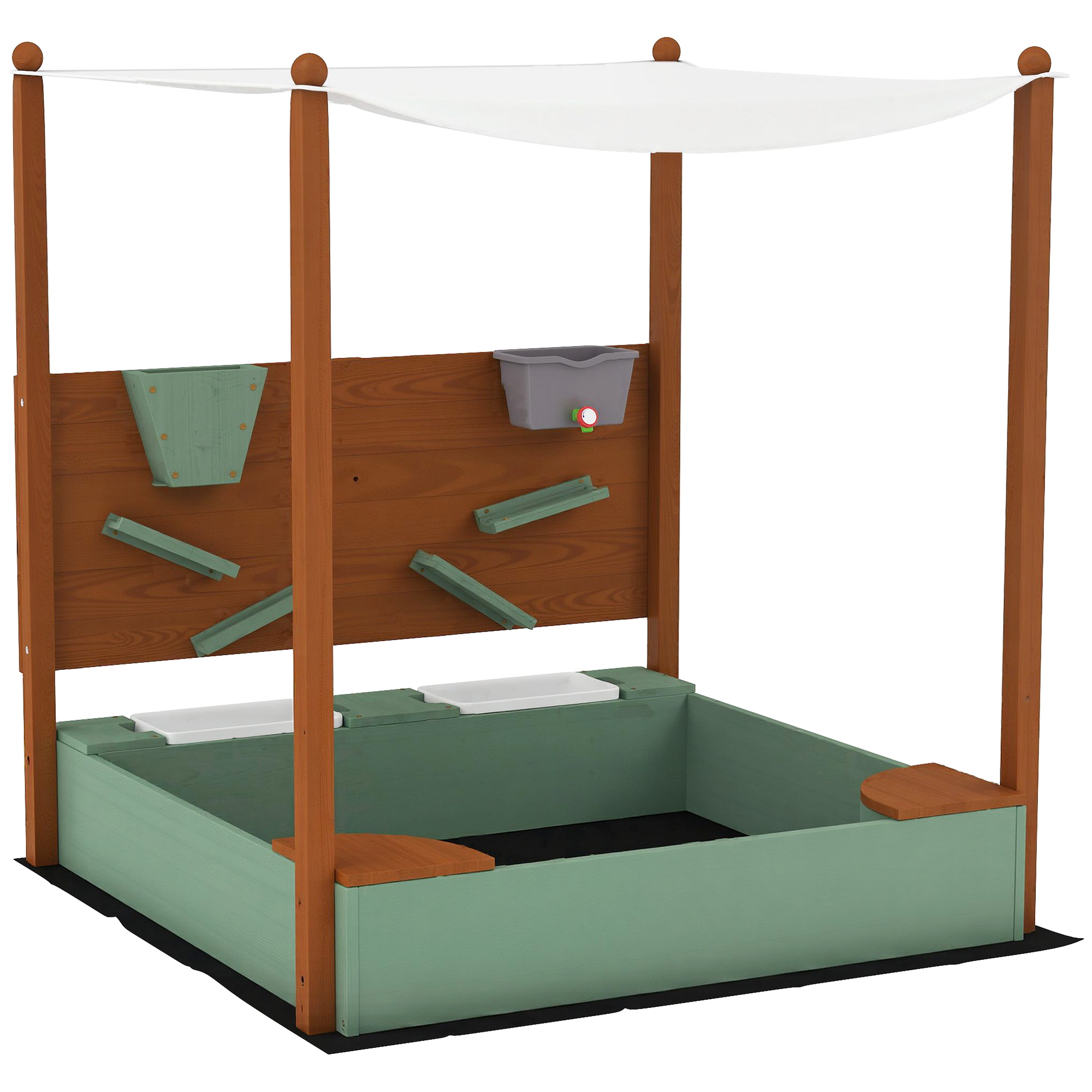 Sandkasten Für Kinder Mit Sonnendach, 2 Aufbewahrungsboxen, 116 X 112,5 X 128 Cm (l X B X H), Tannenholz, Kunststoff, Grün