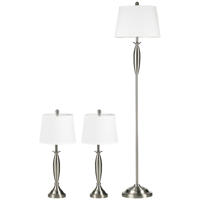 3-teiliges Lampenset: 1 Stehlampe + 2 Tischlampen, Leinenoptik, Silber Und Weiß, 38 X 38 X 158 Cm